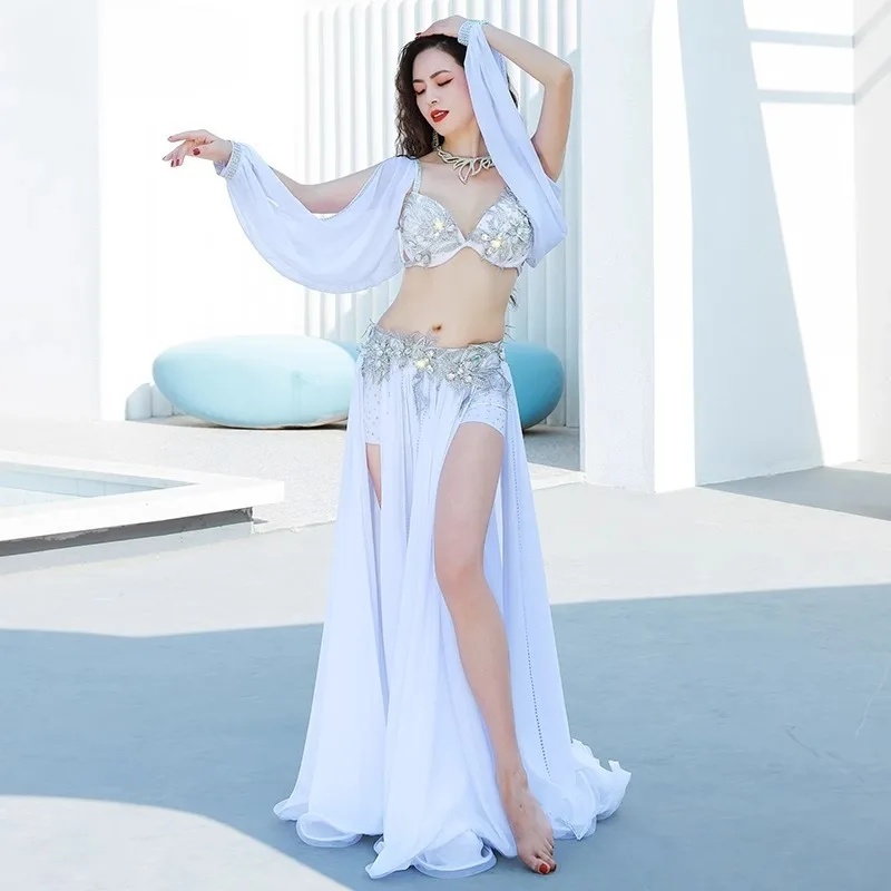 تخصيص جديد أزياء الرقص الشرقي فستان تنورة مبهرة ظهرت أداء المنافسة مجموعة الملابس البيضاء