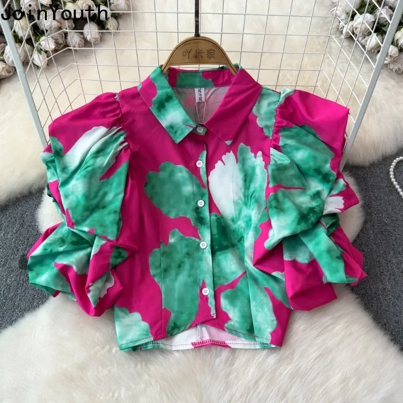 Crop Tops Blouses for Women Puff Sleeve Slim Fit Floral Shirts 2024 Blusas Mujer De Moda Tie-dye Vintage Summer Sweet Blouse