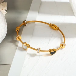 Greatera Trendy Stainless Steel Bracelets for Women Enamel Heart Zircon Round Charm Bangle Gold Color Bracelet Pulseiras Jewelry