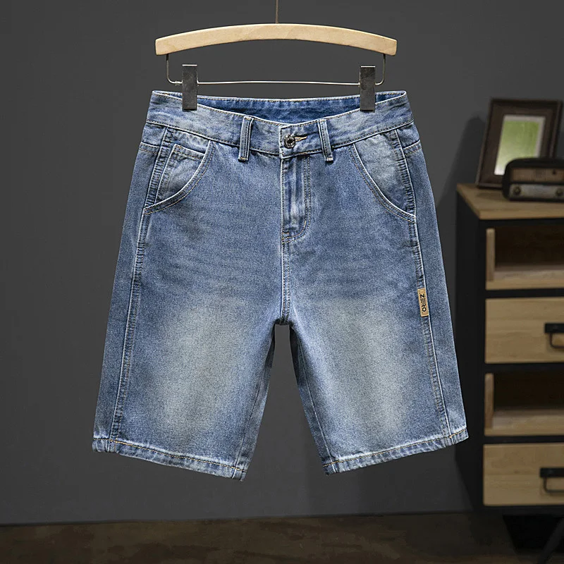 2024 Summer Denim Shorts Jeans Slim Straight Blue Streetwear Men's Shorts Knee Length Pants Casual Side Striped Cowboys Hombre