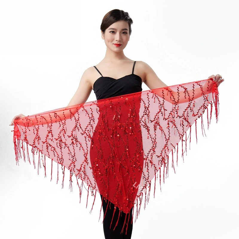 Sciarpa triangolare con nappe e paillettes di danza del ventre, pratica sciarpa in vita con catena in vita, costume da spettacolo di danza indiana