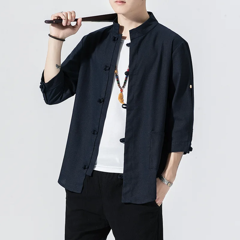 Linen Shirt Chinese Style Men's Tang Suit Pan Button Cotton Linen Short Sleeve Casual Loose 7/4 Sleeve Standing Collar