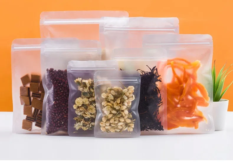 50 Stück mattierte transparente Druckverschlussbeutel, durchsichtige Kunststoff-Aufbewahrungsbeutel, Snack-Tee-Reißverschlussbeutel, Verpackungszubehör, wiederverwendbare Verpackungsbeutel – Detail 1