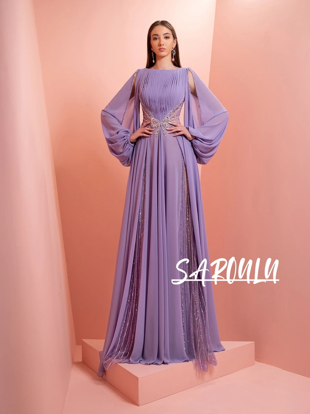 

Light Purple Puff Lantern Sleeves Evening Gown Chic Pleated Bodice Sparkling Crystal Waist Detail Graceful A Line Prom Gown