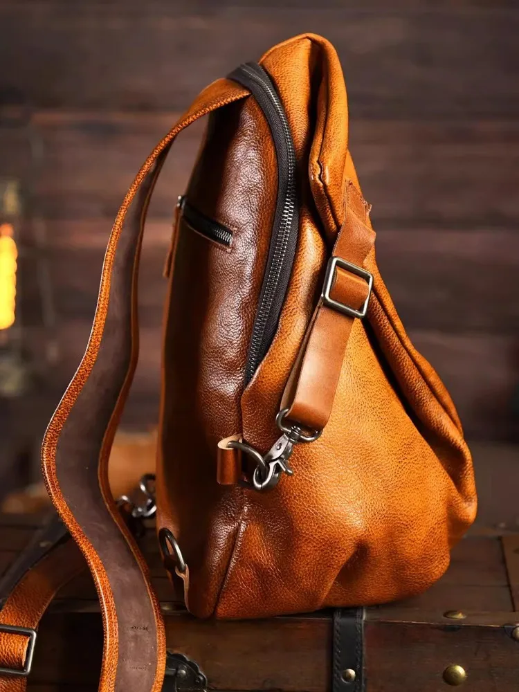 New Designer Mens Large Capacity Chest Bag Wide Strap Cowhide Genuine Leather Shoulder Bag Male Casual Travel Crossbody Bags