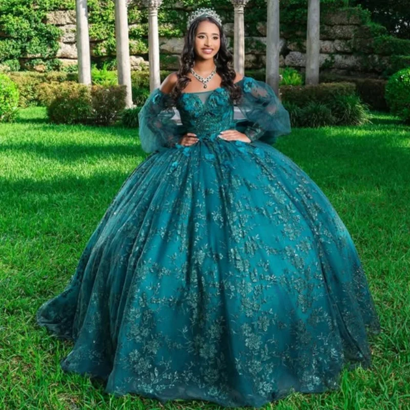 

Блестящие темно-зеленые платья для квинсеаньеры с открытыми плечами, с 3D-цветочными аппликациями, длинным шлейфом и бантом, Vestido De 15 Quinceanera, на заказ