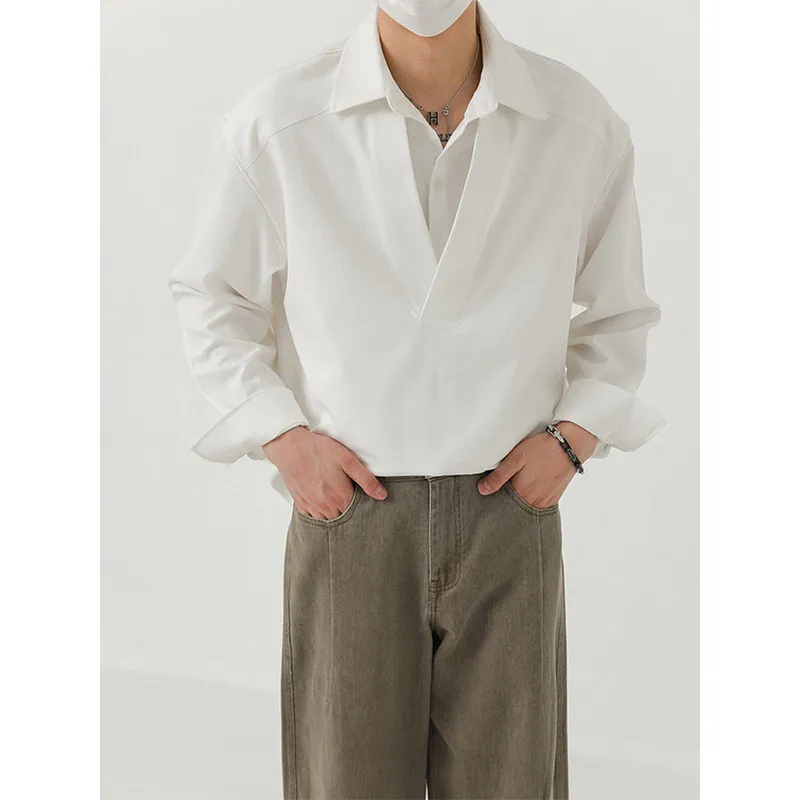 

Мужская модная рубашка-куртка на весну-осень, однотонная, повседневная, трендовая, простая, базовая, свободного кроя, с длинным рукавом, имитация двухслойности