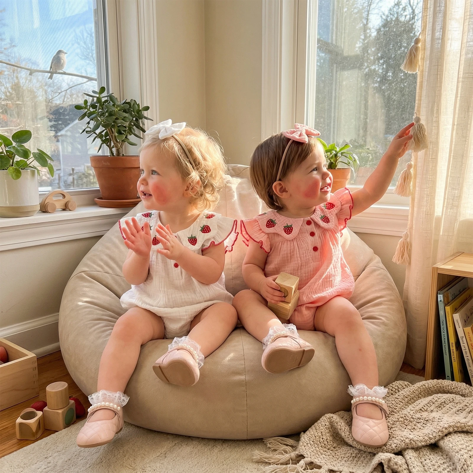 

Baby Girls 2 Piece Bodysuits Outfits Adorable Strawberry Embroidery Flying Sleeve Round Neck Romper Headband Set