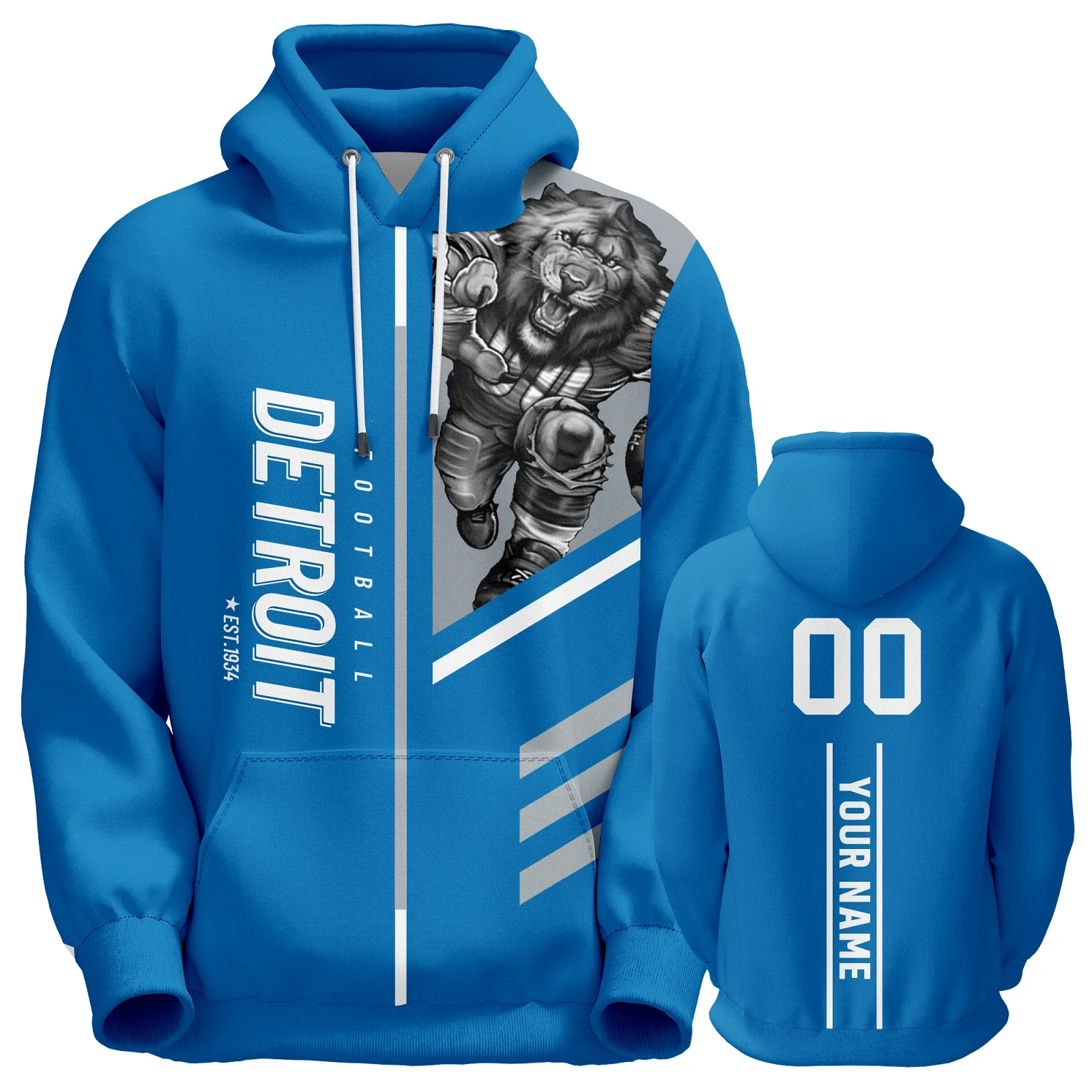 

Detroit Custom City Mascot American Football Hoodie Personalized Name Number Sweatshirts Football Fans Gift for Men Youth Women