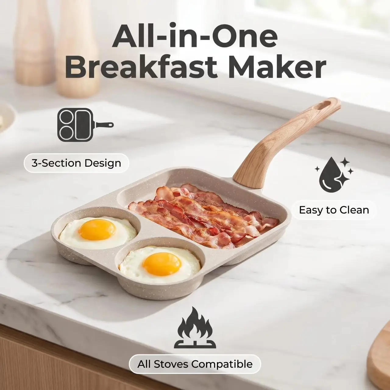 3-in-1 Burger and Egg Pan, Stone-Coated Non-Stick, Large Breakfast Cookware, Flat Frying Pan