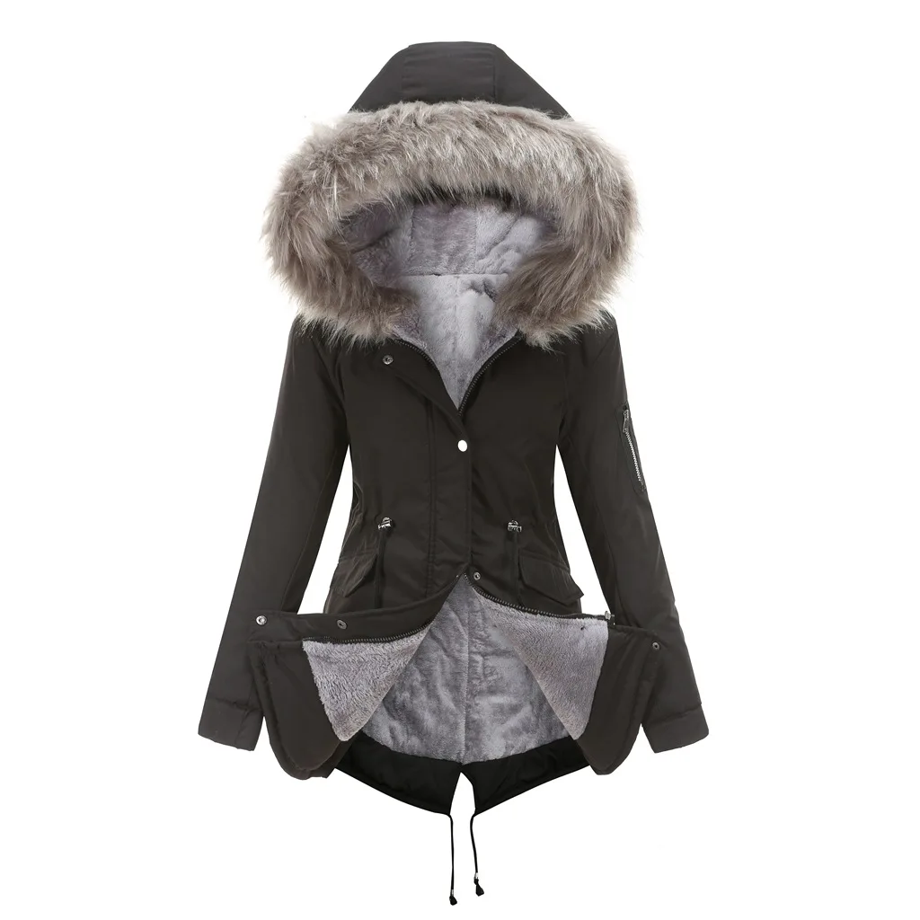 Women Hooded Parkas Drawstring Tight Waist Mid Length Coats Full Sleeve Thick Warm Jacket Y2k Streetwear Elegant Faux Fur Collar