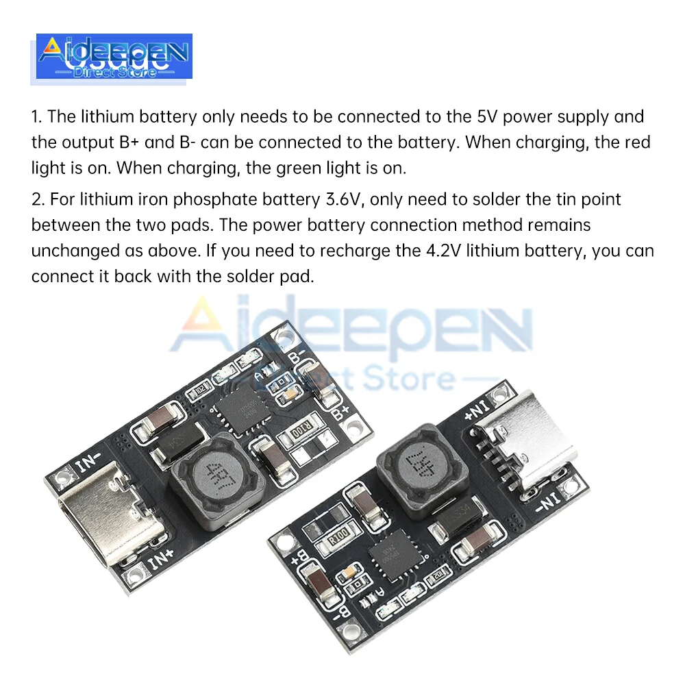 Módulo de cargador de litio tipo C TP5000 1A 4,5-9V a 4,2 V/3,6 V convertidor reductor ajustable indicadores LED protección contra sobrecalentamiento
