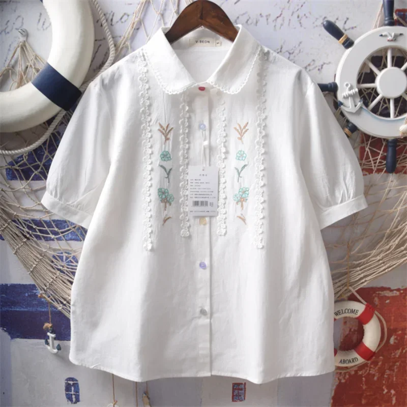 

Japanese Sweet Shirts Embroidery Peter Pan Collar Button Cardigan Blouses Summer Puff Sleeve Top Preppy Style Girl Clothing A667