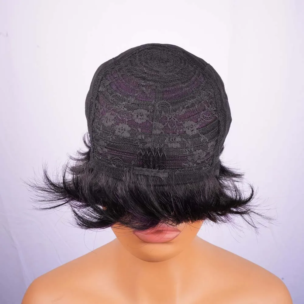 짧은 보브 가발 인모 앞머리 있는 픽시컷 블랙 믹스 퍼플 스트레이트 기계식 가발 흑인 여성용