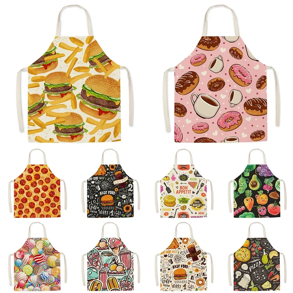 Cute Gourmet Pattern Kitchen Apron Men Burger Fries Pizza Pattern Kids Sleeveless Apron Kitchen Aprons for Women Delantal Cocina