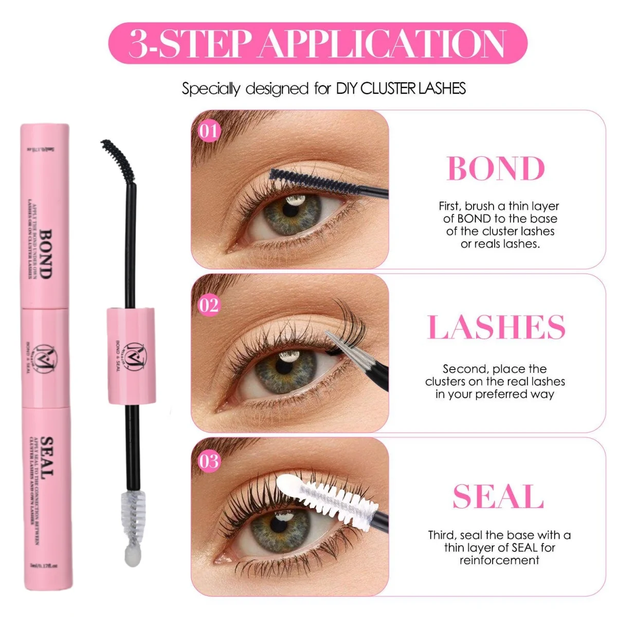MIAOJIE Eyelash Glue and Seal for Eyelash Clusters Strong Fixed Eyelash Glue Lasting 48H 2 in 1(5ml Black Glue + 5ml Clear Seal) image 5