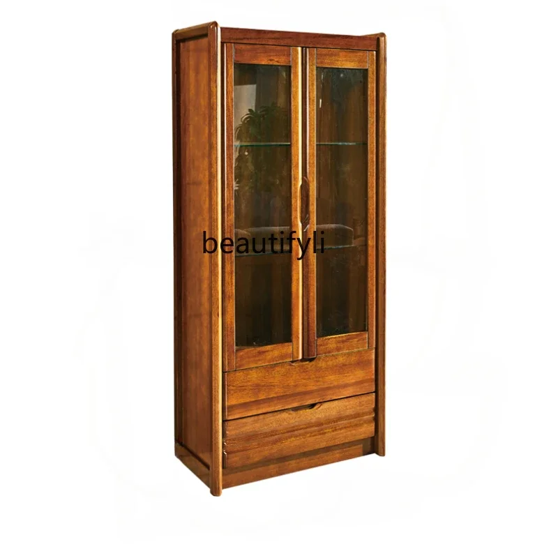 

A16 Solid Wood Wine Cabinet Two-Door Gold Silk Walnut Modern Chinese Living Room High Cabinet Wall Glass Door Display Cabinet