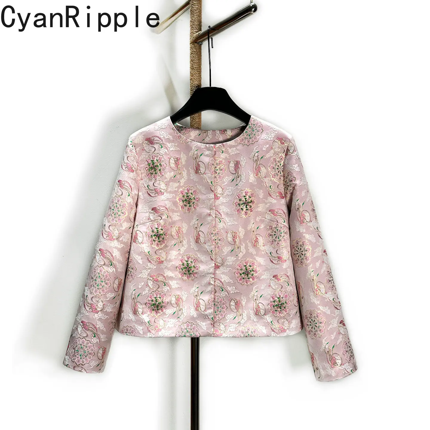 Elegant Fashion Lady Pink Jacquard Jacket New Spring Handmade Beading Embroidery Round Neck Long Sleeve Short Cardigans Coat