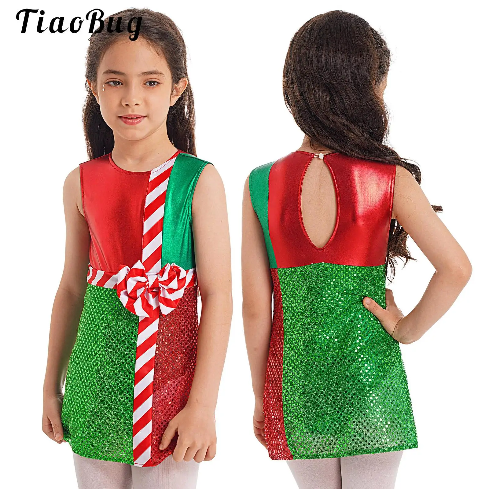 

Kids Girls Candy Cane Striped Sequins Ballet Dance Dress Circus Clown Costume Bowknot Striped Mesh Leotard Performance Costumes