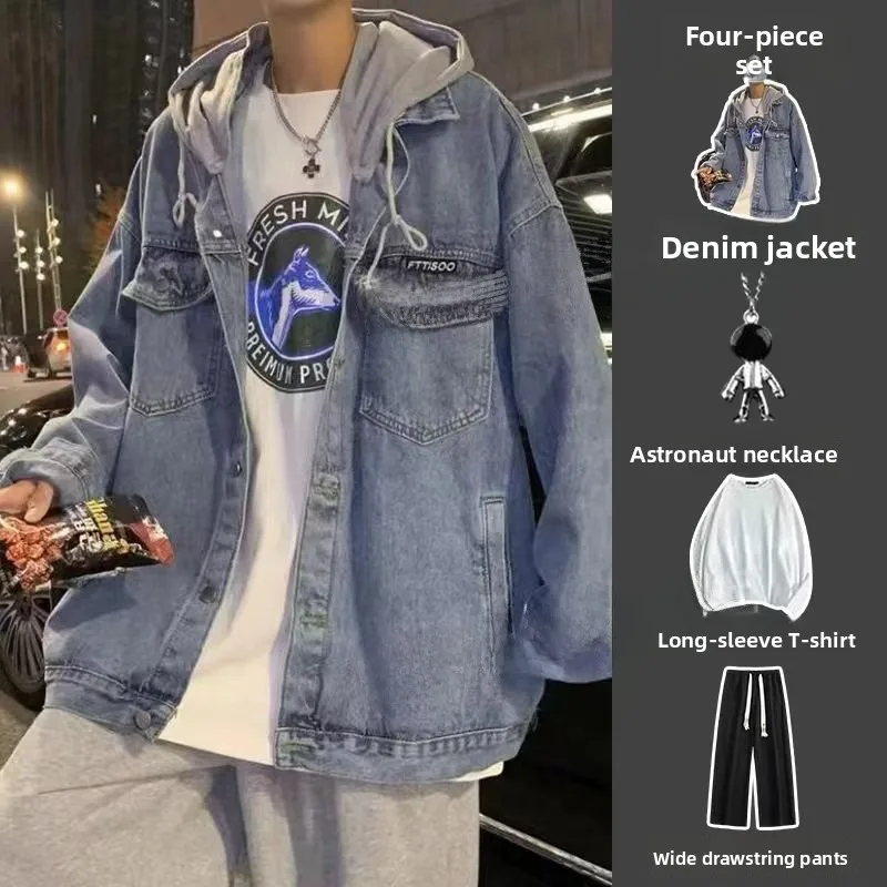 

Fall Seasonal Retro Hooded Denim Jaet Hong Kong Sle Trendy Fake Two-Piece Outerwear Casual Long Pants Matching Men's Set