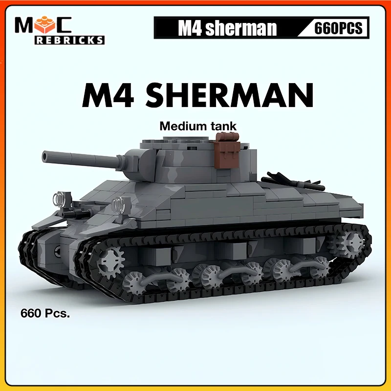 MOC Military Forces Battle Armed Vehicles M4 Sherman US Medium Tank Puzzle Building Blocks Toys Assembly Gifts For Kids Adults