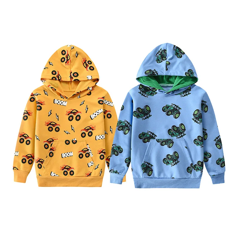 Little Hand Toddler Boy Hoodie Shirt Long Sleeve All‑Over Monster Truck Print Long‑Sleeve Pullover With Pocket Casual Outfit 2-7