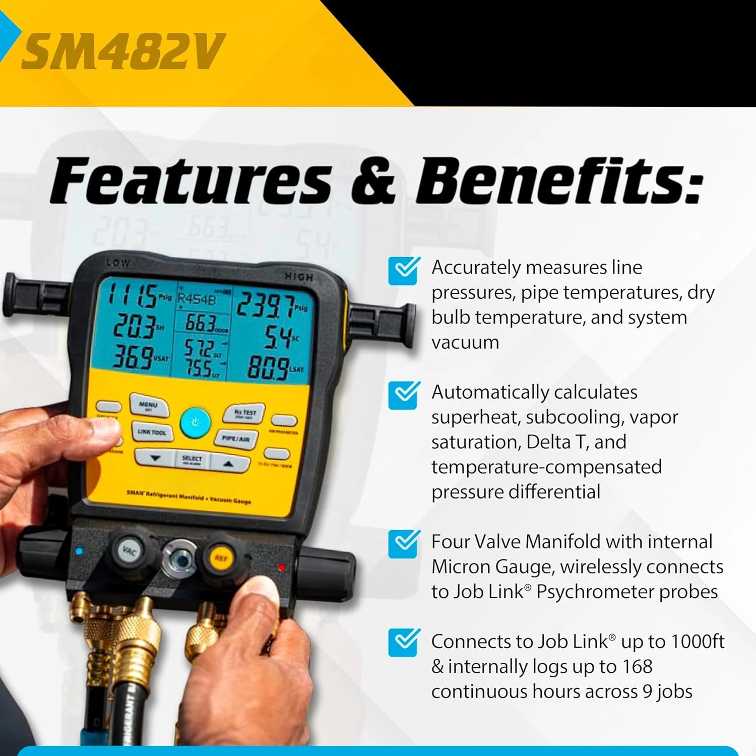 

SM482V Беспроводной 4-портовый коллектор хладагента SMAN с вакууметром — цифровые датчики кондиционера/хладагента