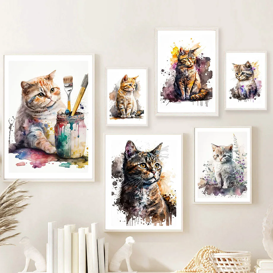 Charming Cute Watercolor Cat Girl Room Poster Wall Art Canvas Painting Nordic Poster Living Room Decor