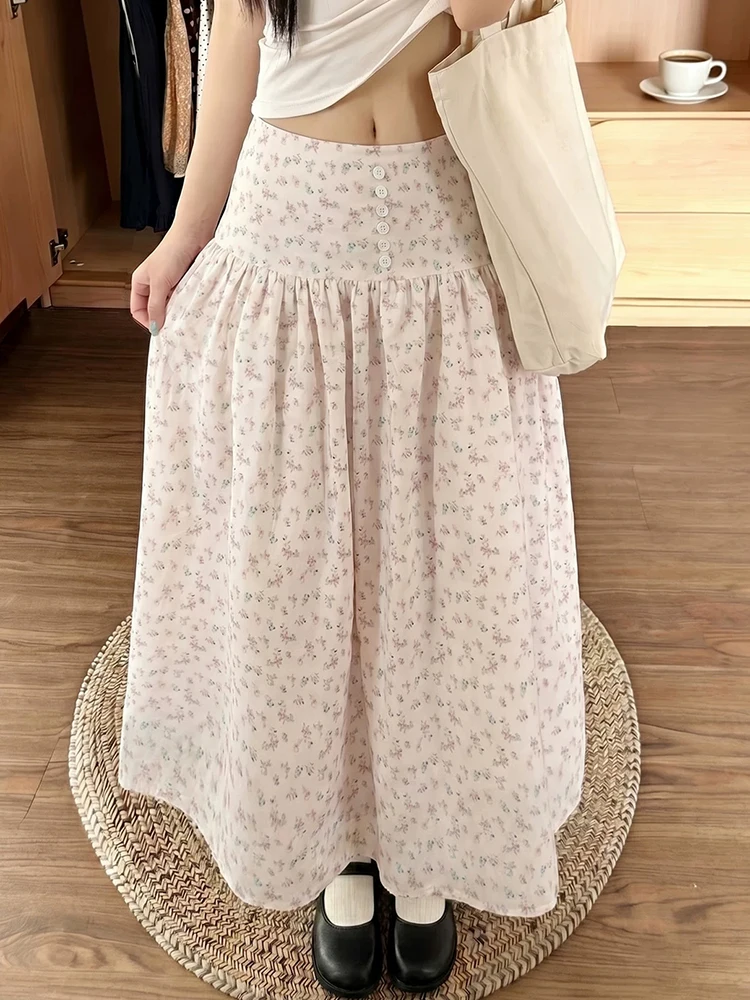 Floral Sweet Long Skirts Women Loose Fashion Preppy Style Elegant Skirt Summer Casual Buttons Female Cute Chic A Line Skirt New