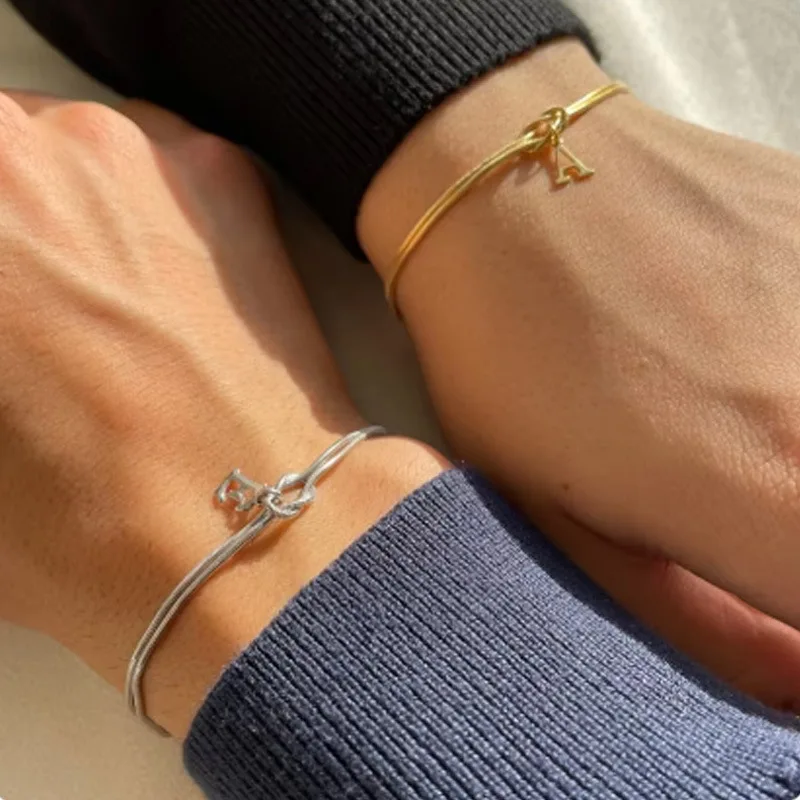Stainless Steel Dainty Letter A-Z Love Knot Bracelets for Women Couple Fashion Snake Chain Charm Bracelet Jewelry Gift
