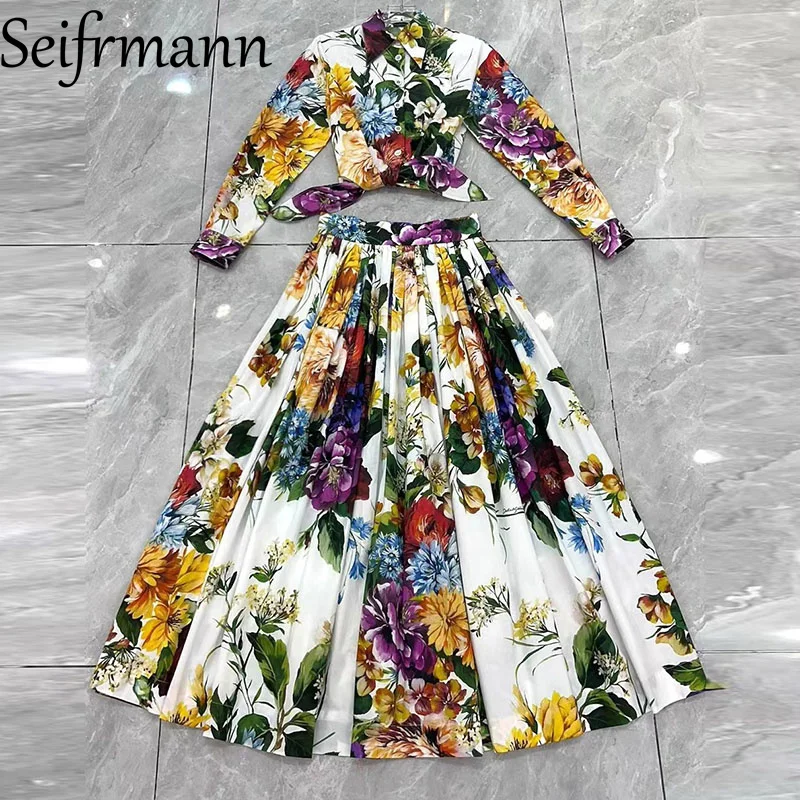 Seifrmann Fashion design Abito da donna Colletto rovesciato Top monopetto a maniche lunghe + Gonna a pieghe Stampa in cotone Set da 2 pezzi