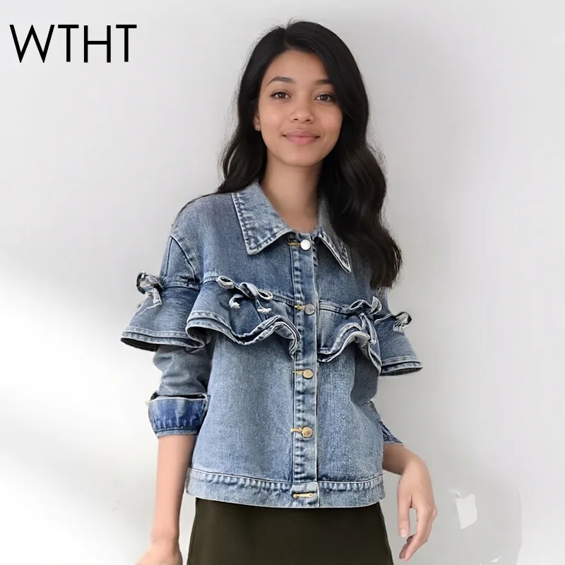 

WTHT 2026 Spring Fashion New Women's Ruffled Edge Bows Design Denim Jacket Trendy Lapel Long Sleeves Coat Female 1LS2800