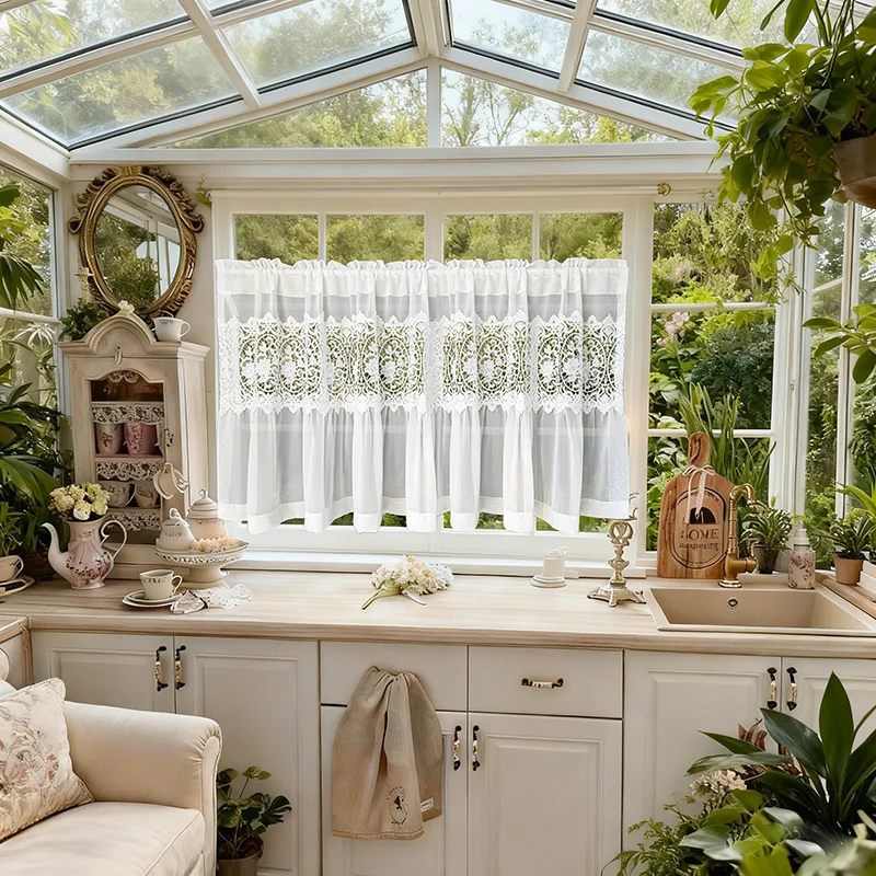 French Style Exquisite Flower Embroidered Lace Short Curtain White Elegant Sheer Cafe Curtain For Living Room and Kitchen Door