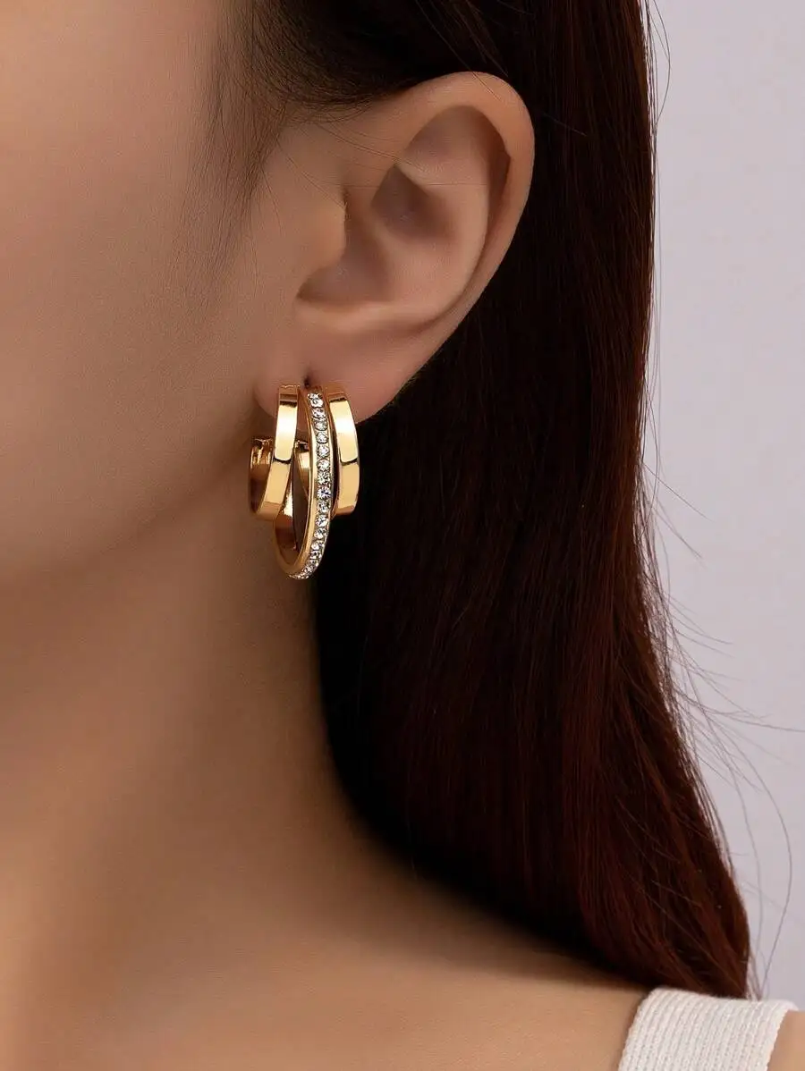 

Elegant Layered Hoop Earrings With Crystal-Embellished Bands For Women