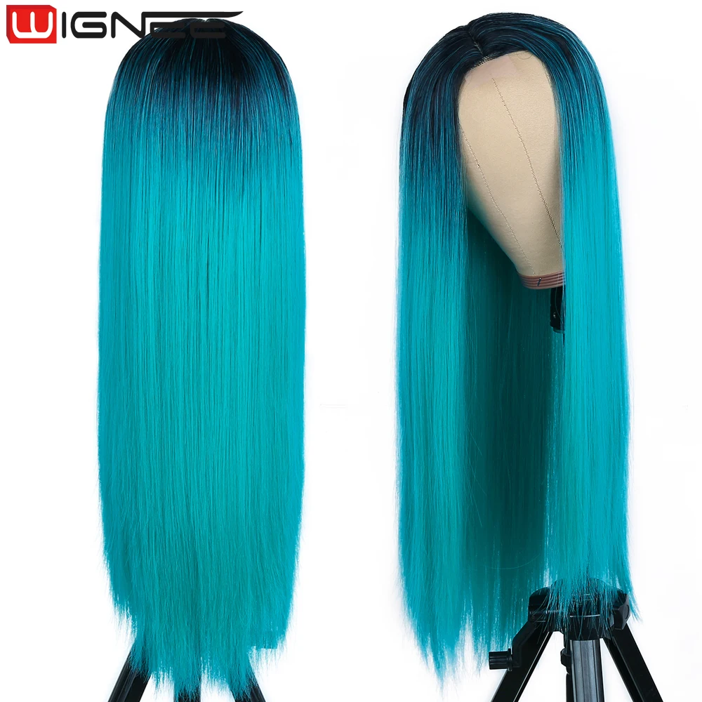 WIGNEE Bluish Light Blue Wig Synthetic Hair Lace Wigs For Women Long Straight Wig Natural Black/Red/Highlight Heat Resistant