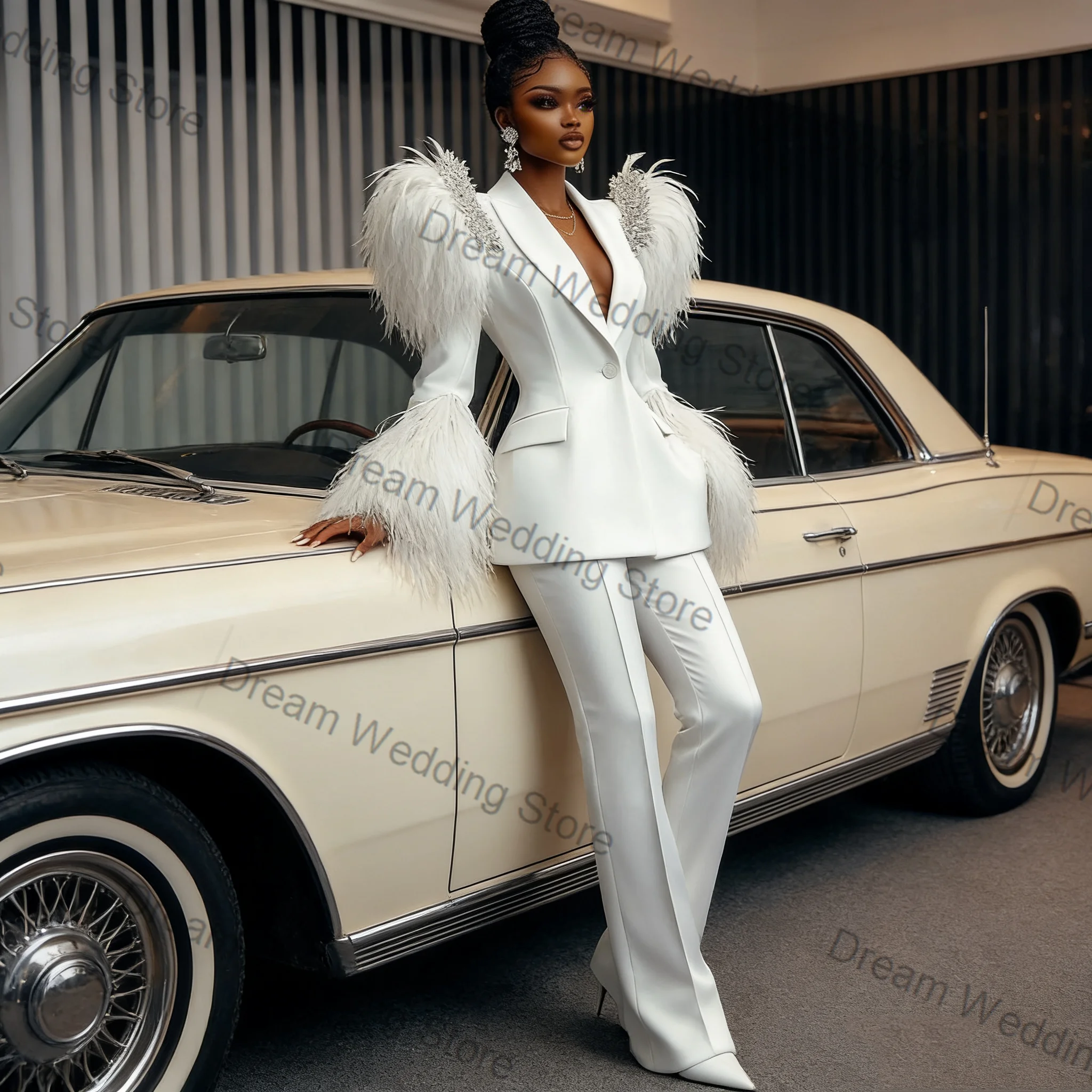 

Feather Crystals Women Suit Set 2 Pcs Blazer+Pants White Cotton Spring Formal Office Lady Jacket Customized Wedding Guest Coat