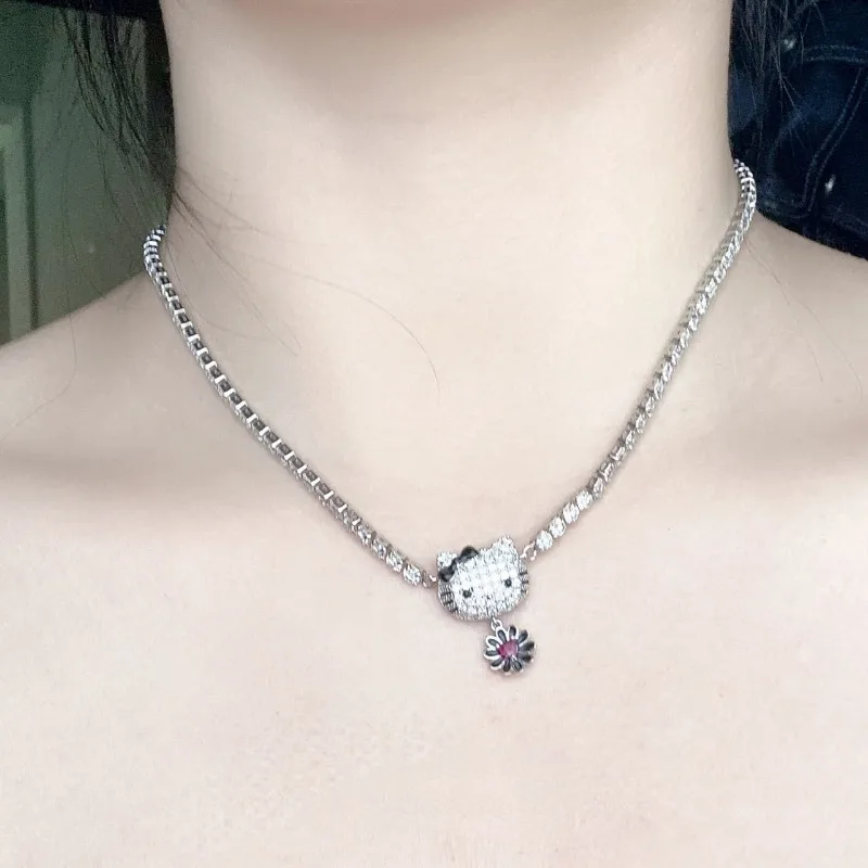 

Sweet Anime Kawaii Hello Kitty Ins Diamond Flower Necklace Pendant Cute Cartoon Collarbone Chain Lovely Gifts for Girls