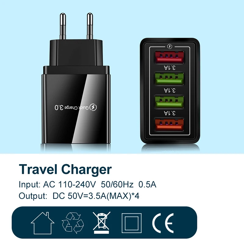 Adattatore per caricabatterie rapido da parete Quick Charge 3.0 a 4 porte Cavo per caricabatterie per sincronizzazione rapida UE USA per telefono cellulare Samsung ForXiaomi Huawei