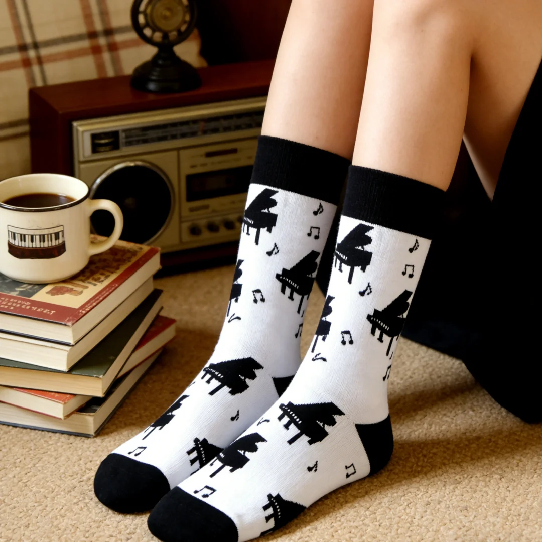 1 Pair of Mid-calf socks With Piano Design, Available in Unisex Styles and Suitable for All Seasons