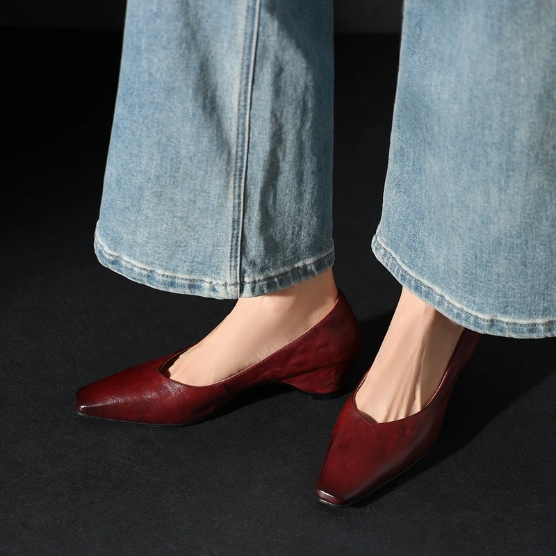 2026 New Autumn Sheepskin Genuine Leather Women Shoes Square Toe Women Pumps Shoes for Women Med Heel Concise Ladies Shoes