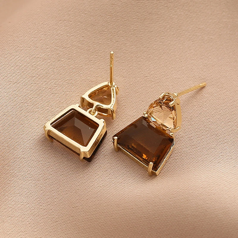 Trendy Cubic Zirconia Copper Drop Earrings For Women Girls Brown Crystal Pendant Earring Party Birthday Daily Jewelry