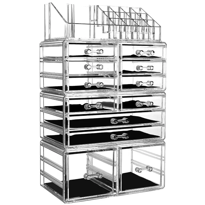 

Makeup Organizer Skin Care Large Clear Cosmetic Display Cases Stackable Storage Box With 12 Drawers For Vanity,Set of 4