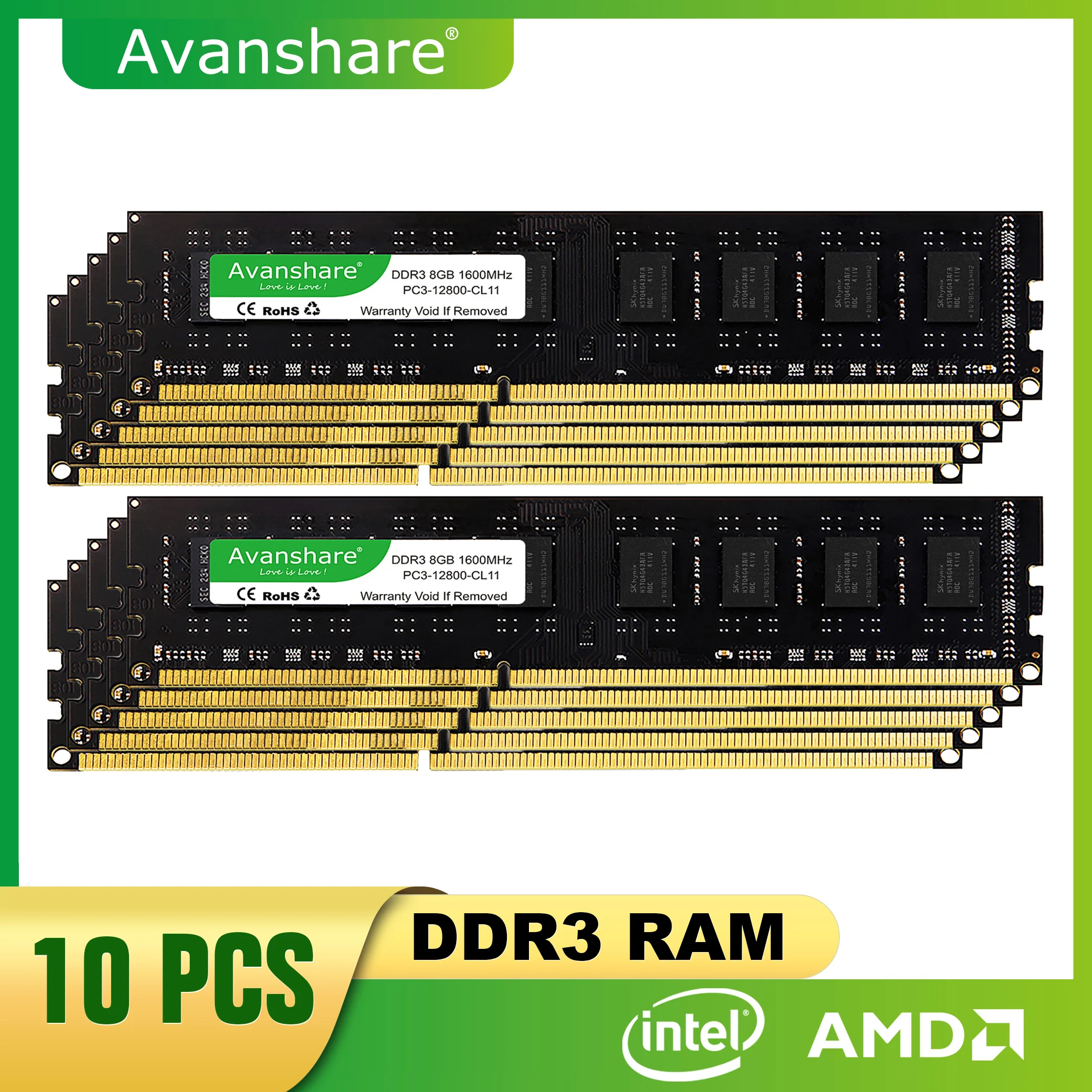 

Avanshare 10PCS DDR3 4GB 8GB Desktop Memory 1333MHz 1600MHZ PC3 10600 12800U 240Pin 1.5V UDIMM Memoria Ddr3 RAM