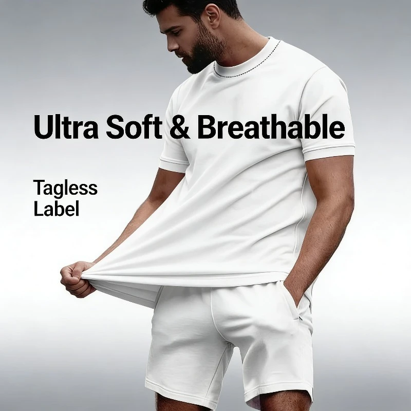 ملابس رياضية صيفية للرجال لعام 2026 طقم مكون من قطعتين تي شيرت بلون سادة يسمح بالتهوية + شورت 5 نقاط #1