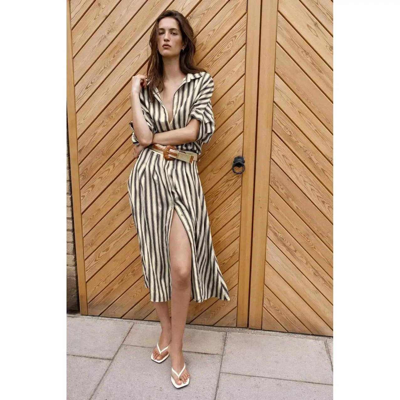Fashionable Midi Dress with Belt Stripes Women's New Arrival Spring Summer A-Line Skirt Polyester Fiber Short Sleeve Loose Fit
