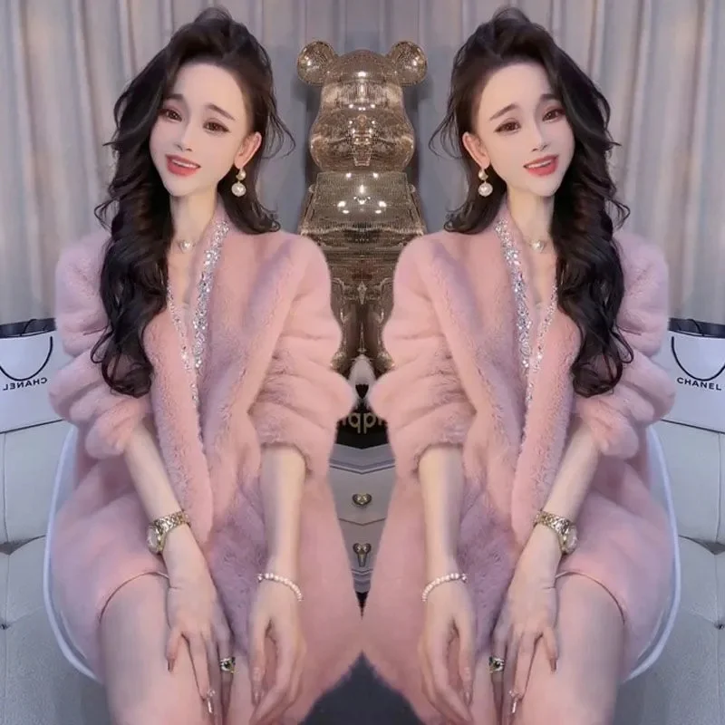 High-end Women V-neck Faux Fur Coat European Female Solid Color Fur Jacket Autumn Winter Ladies Long Sleeves Plush Outwear