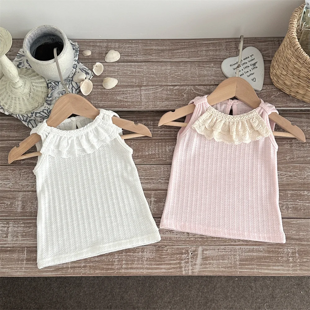 2026 Summer New Girls Sweet Lace Sleeveless T Shirts Cotton Baby Girl Solid Cute Lace Collar Tops Toddler Clothes