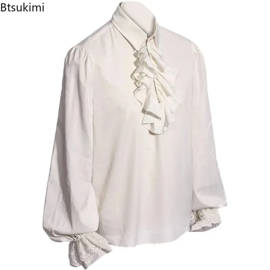 2025 Men's Stage Performance Costumes Renaissance Victorian Steampunk Gothic Ruffled Medieval Halloween Cosplay Male Shirts Tops