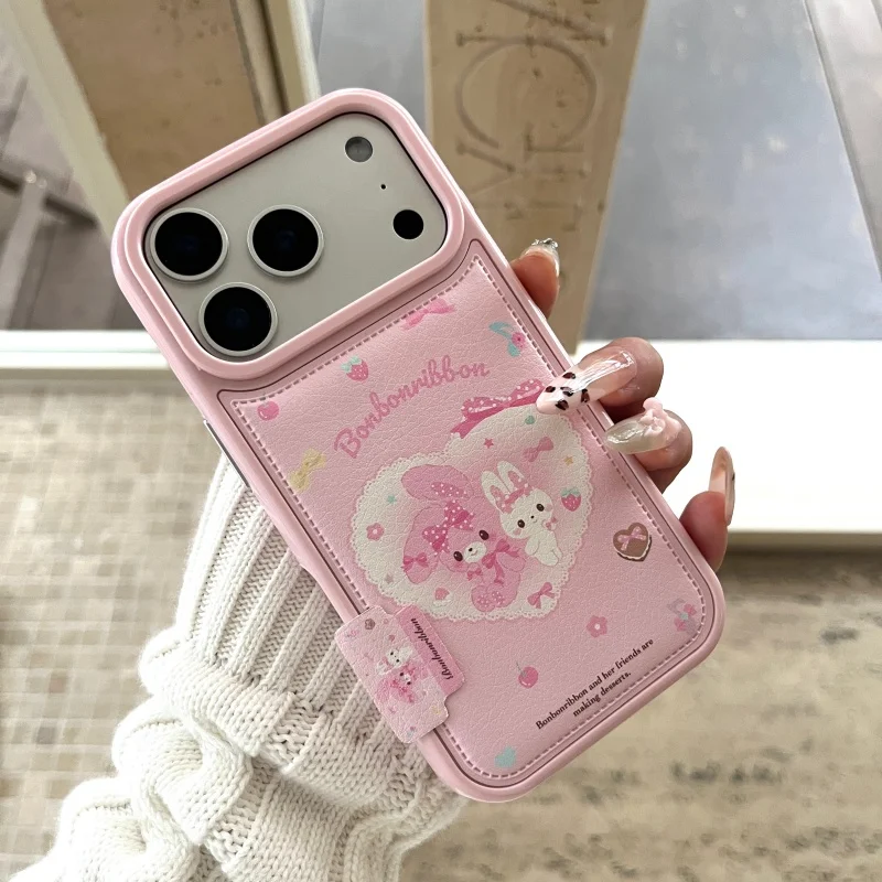 

Cute Cartoon strawberry Bow rabbit Phone Case For iPhone 13 14 15 16 17 Pro Max Pink Heart of Love flower rabbit leather Cover