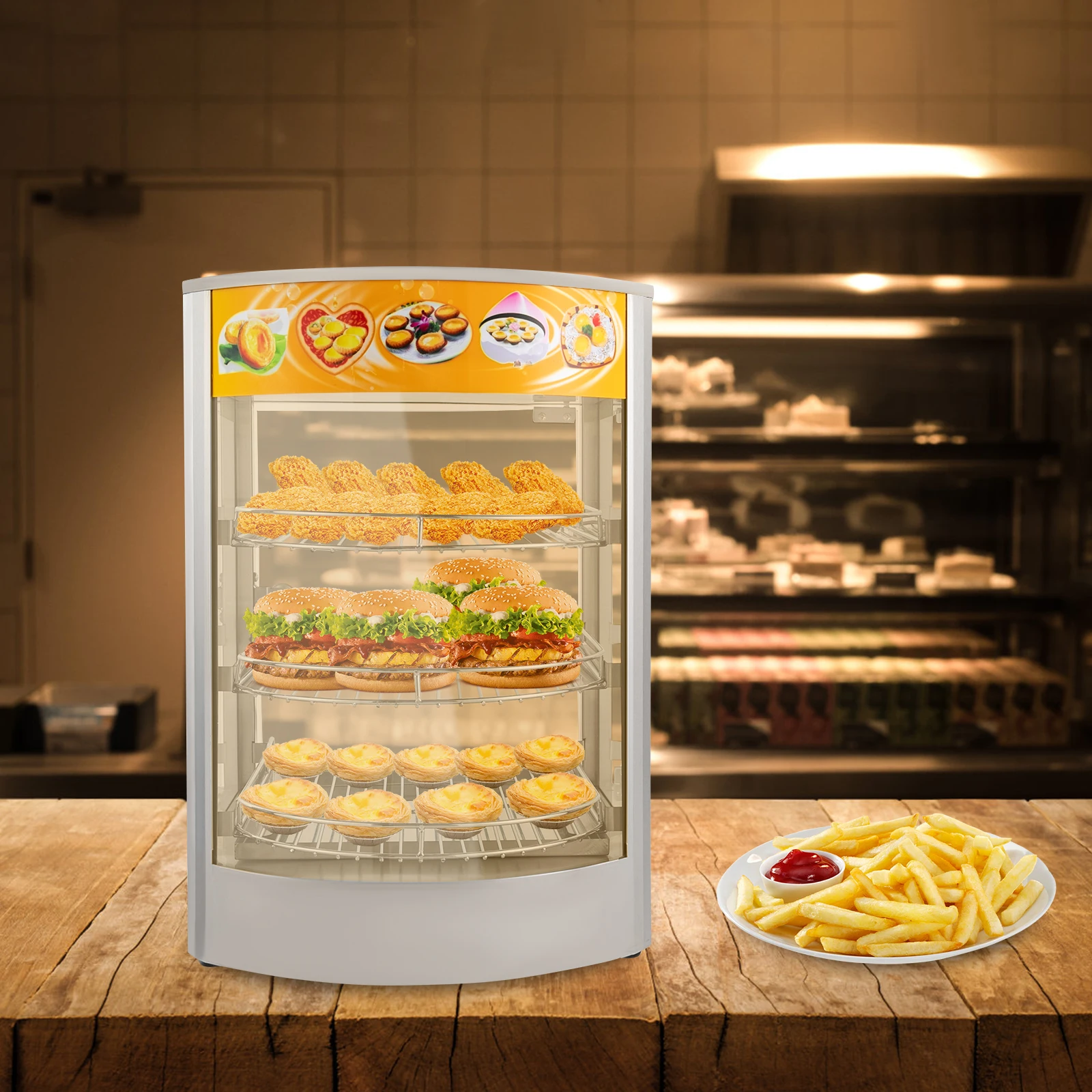 Lebensmittelwärmevitrine mit halbgebogenem Design, 86-185 ℉ Temperaturregelung, 50 l Fassungsvermögen, ideal für Cafés, Restaurants